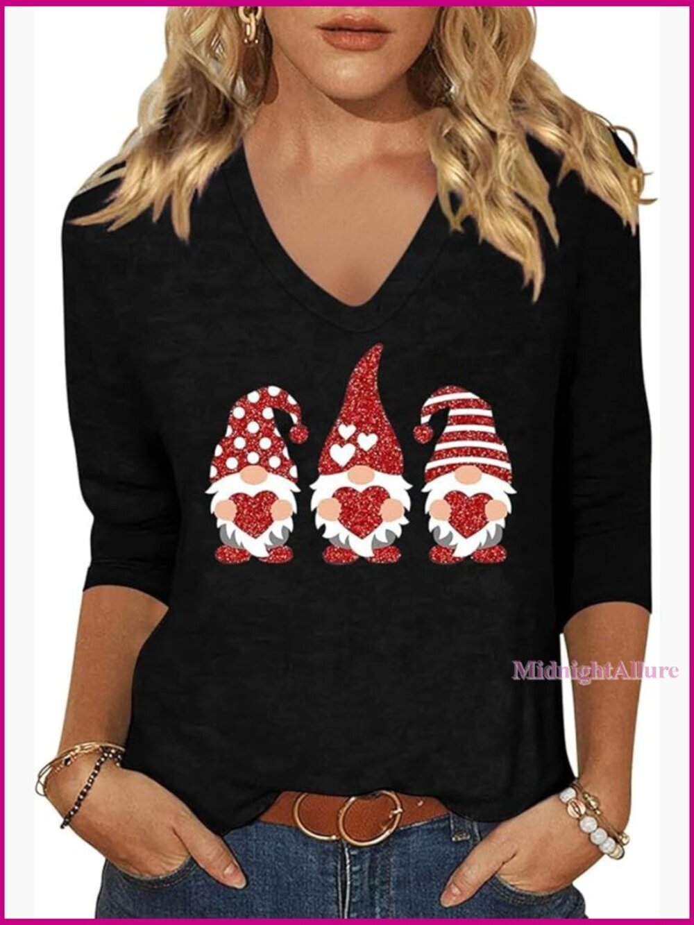 3/4 Sleeve V-Neck Valentine T-Shirt Funny Heart Graphic Tee Couple Matching